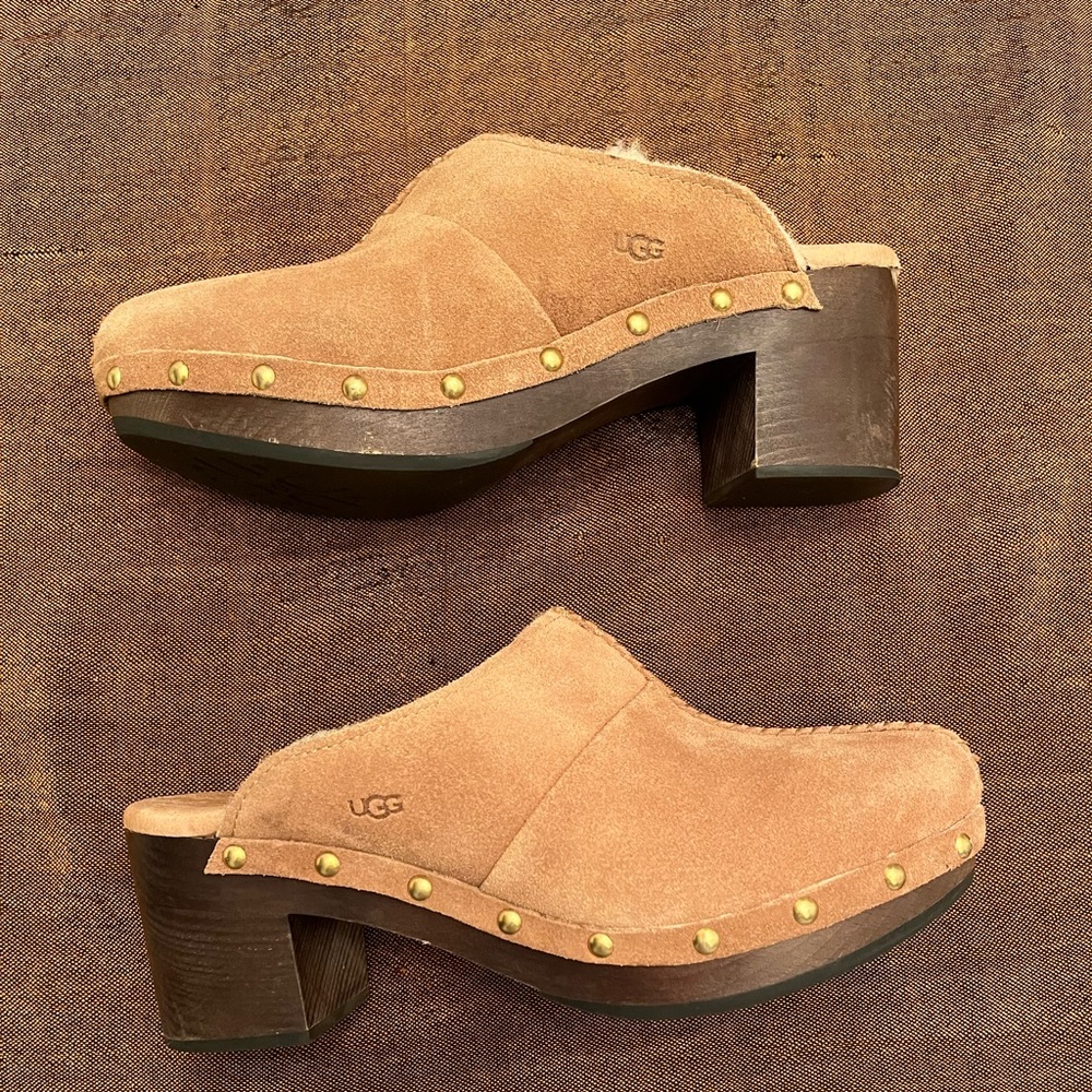 Ugg Chestnut Shearling Lined Slides Clogs Size 7m - image 3